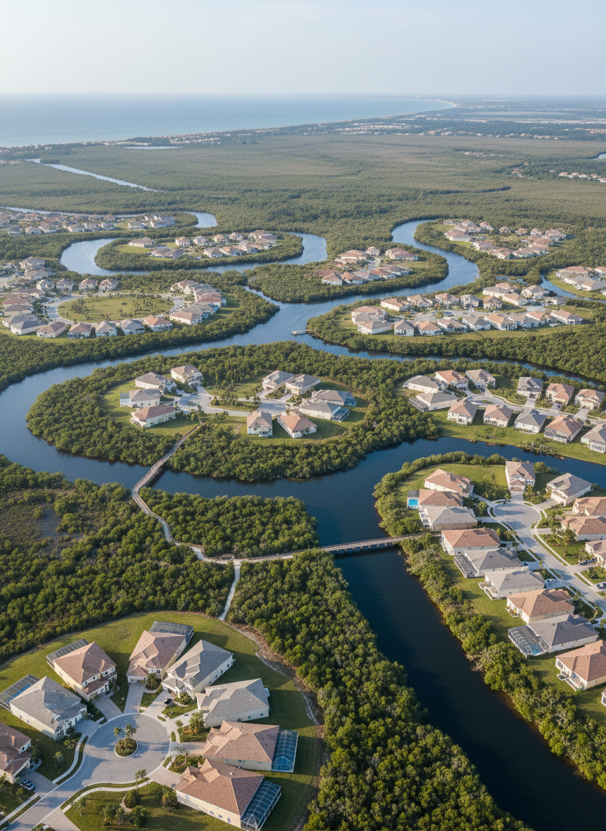A detailed aerial overview of the Isles of Collier Preserve community in Naples, FL, showing winding blue waterways, preserved mangrove wetlands, and clusters of elegant light-colored homes with coordinated roofs and neatly patterned streets. The image highlights the balance of developed neighborhoods and expansive green conservation areas, with community walking trails and boardwalks weaving through the landscape. Shot from high above at a slight diagonal, the composition captures the curve of the coastline and distant Gulf horizon under soft, hazy afternoon light. The mood is expansive and tranquil, emphasizing nature and thoughtful planning. The style is photographic realism with crisp clarity and natural colors, supporting a professional real estate presentation focused on lifestyle and environment.