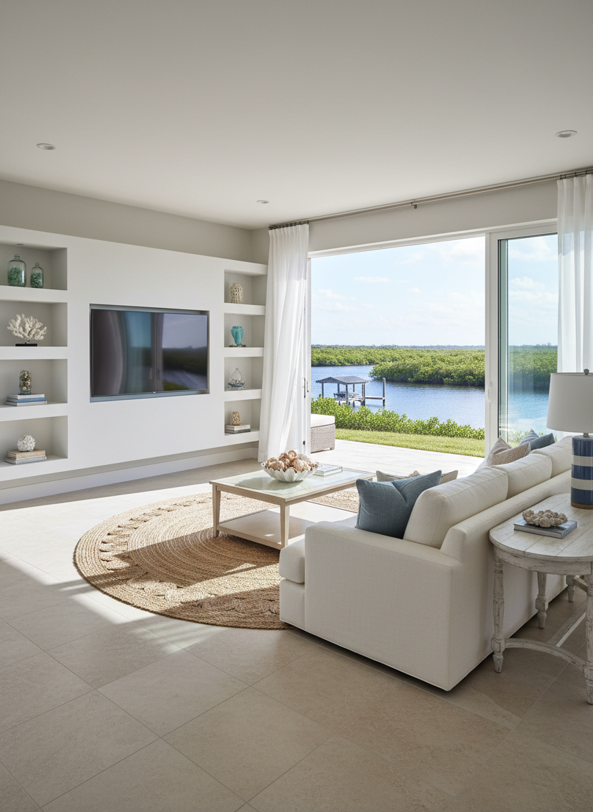 An inviting coastal-inspired living room representative of Isles of Collier Preserve homes, featuring soft sand-colored porcelain tile flooring, a large woven jute area rug, and a sleek built-in entertainment wall in matte white with subtle recessed shelving. Sliding glass doors fully pocket open to reveal a serene preserve view with lush mangroves and a still blue waterway beyond. Gentle midday natural light fills the space, diffused by sheer white drapery, creating soft shadows and a bright, airy ambiance. Captured from a slightly elevated corner angle, the composition emphasizes depth from foreground to the distant view, maintaining sharp focus throughout. The atmosphere is serene, refined, and move-in ready, presented in clean, photographic realism ideal for a professional real estate website.