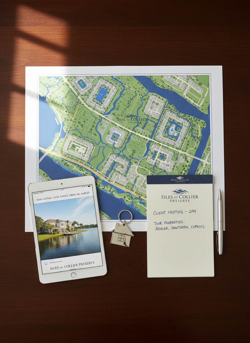A polished, information-rich real estate workspace flat lay for an Isles of Collier Preserve Realtor, with a dark wood desk surface neatly arranged with a printed, color community map of Isles of Collier Preserve, a tablet displaying a waterfront home listing, a metal keyring with a single modern house key, and a slim, silver ballpoint pen aligned beside a notepad. Indirect natural light from a nearby window creates soft, even illumination and faint shadows along the paper edges, giving a clean, organized look. Shot directly from above with razor-sharp focus across the frame, the composition feels deliberate and professional. The mood is trustworthy, detail-oriented, and client-focused, rendered in clear photographic realism to visually communicate guidance, planning, and market expertise for this specific Naples community.