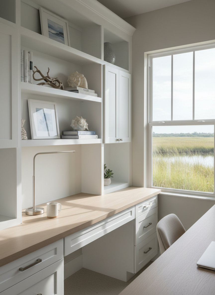 A refined home office space inside an Isles of Collier Preserve residence, featuring a built-in wall of matte white cabinetry with shaker-style doors, integrated shelving with carefully arranged coastal decor, and a broad, pale oak desk surface facing a large window. Outside the window, a peaceful view of a preserve area with tall grasses and calm water offers a sense of retreat. Soft, diffused morning light pours in, creating gentle reflections on a slim metal desk lamp and subtle shadows across the desktop. Photographed from an eye-level perspective using a moderate depth of field, the foreground desk is in sharp focus while the outdoor scenery is slightly softened. The mood is productive yet relaxed, with a clean, modern, photographic-realism style suitable for showcasing functional spaces in a professional real estate context.