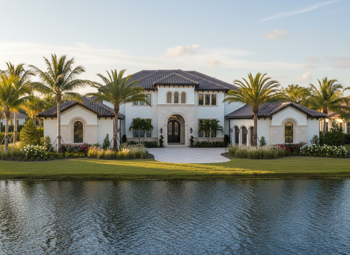 A luxurious waterfront home in Isles of Collier Preserve, Naples, FL, with crisp white stucco walls, pale sand-colored stone accents, and a dark barrel-tile roof, stretching along a tranquil blue lagoon. The foreground features a manicured tropical landscape with palms, native grasses, and flowering shrubs framing the entry. Late afternoon golden sunlight bathes the façade, creating soft, elongated shadows and gentle highlights on the textured surfaces. Photographed at eye level with a wide-angle lens, the composition follows the rule of thirds, keeping the water and sky subtly blurred while the home remains in sharp focus. The mood is calm, upscale, and welcoming, rendered in clean, photographic realism to convey professional, high-end real estate appeal.